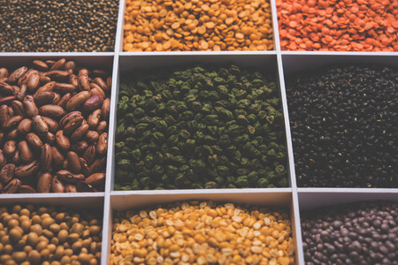 Indian Beans,Pulses,Lentils,Rice and Wheat grain in a white wooden box with cells, selective focus.の写真素材