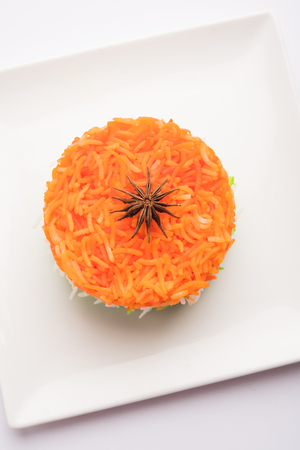 Tricolor Tiranga Rice for indian Republic and Independence day, served in a ceramic plate, selective focusの写真素材