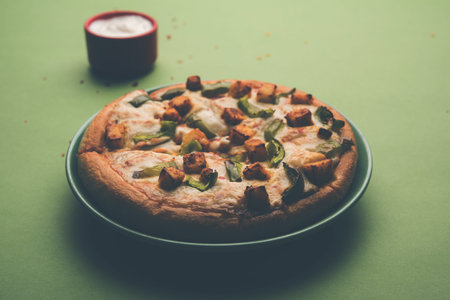 Paneer Pizza is an indian version of Italian dish topped with Cottage Cheese, served in a plate with...