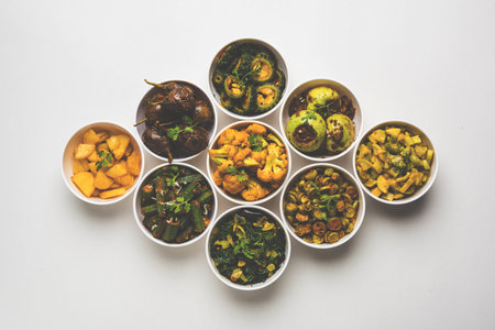 Indian sabzi / vegetable fried recipes served in white bowl over moody or colourful background....