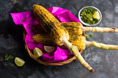 Delicious Indian street corn cob also called Bhutta, flavoured with spicy chilli, butter etc....