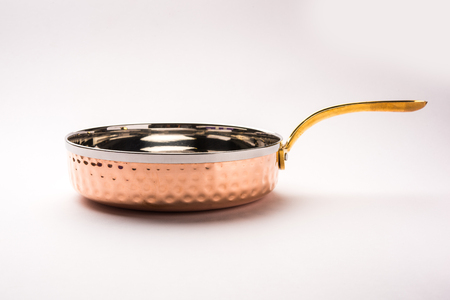 Copper Tarka/Tadka Fry pan with handle also can be used as a stylish serving bowlの写真素材