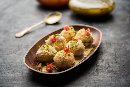 Dahi Puri chat is an indian road side snack item which is especially popular in the state of Maharashtra, Indiaの写真素材