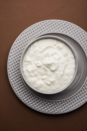 Plain curd or yogurt or Dahi in Hindi, served in a bowl over moody background. Selective focusの写真素材