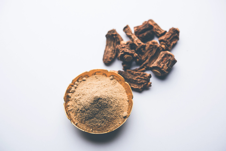 Hemidesmus indicus also known as Ananthamoola or Naruneendi or Nannari in dried steam and powder form. It's a useful Ayurvedic medicine from Indiaの写真素材