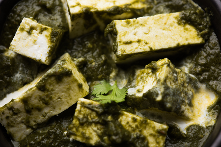 Palak Paneer Curry made up of spinach and cottage cheese served in a bowl or pan with roti or riceの写真素材