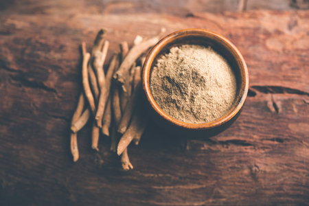Ashwagandha / Aswaganda OR Indian Ginseng is an Ayurveda medicine in stem and powder form. Isolated on plain background. selective focusの写真素材