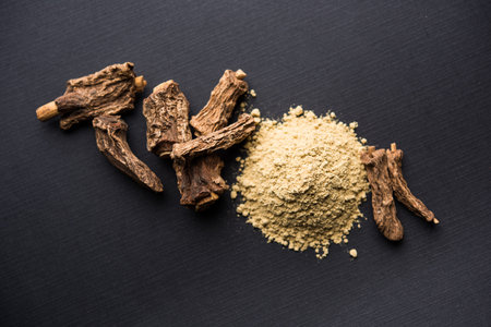 Hemidesmus indicus also known as Ananthamoola or Naruneendi or Nannari in dried steam and powder...