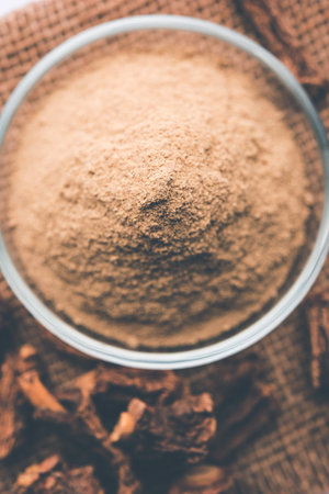Hemidesmus indicus also known as Ananthamoola or Naruneendi or Nannari in dried steam and powder...