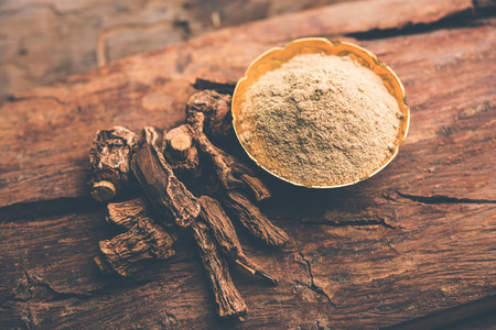 Hemidesmus indicus also known as Ananthamoola or Naruneendi or Nannari in dried steam and powder form. It's a useful Ayurvedic medicine from Indiaの写真素材