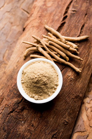 Ashwagandha / Aswaganda OR Indian Ginseng is an Ayurveda medicine in stem and powder form. Isolated on plain background. selective focusの写真素材