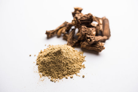 Hemidesmus indicus also known as Ananthamoola or Naruneendi or Nannari in dried steam and powder...