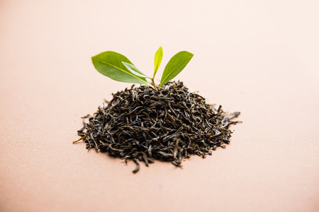 Black Tea Powder or dry dust with or without green leaf and served hot chai in a cupの写真素材