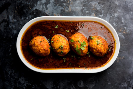 Fried egg curry or anda masala served in a bowl. selective focusの写真素材