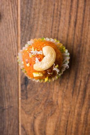 Carrot Halwa Laddu or sweet balls,  served in a plate with dry fruits toppings. selective focusの写真素材