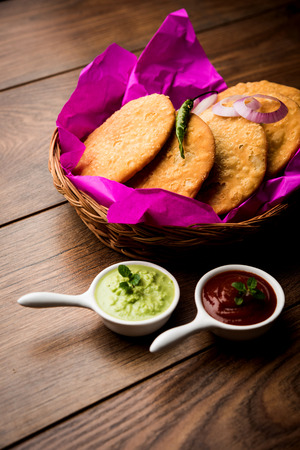Shegaon or Rajasthani Kachori served with green Chutney and tomato ketchupの写真素材