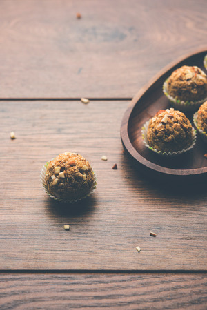 Oats laddu or Ladoo also known as Protein Energy balls. served in a plate or bowl. selective focusの写真素材