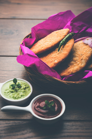 Shegaon or Rajasthani Kachori served with green Chutney and tomato ketchupの写真素材
