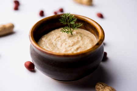 Healthy Peanut chutney made using Groundnut / Shengdana or mungfali. served in a small bowl with raw...