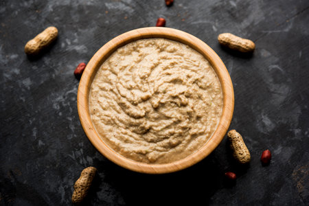 Healthy Peanut chutney made using Groundnut / Shengdana or mungfali. served in a small bowl with raw...