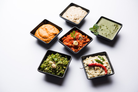 Group of Indian Chutneys includes coconut, Peanut, green and red chilly, garlic and pudina served in small square shape bowls. selective focusの写真素材
