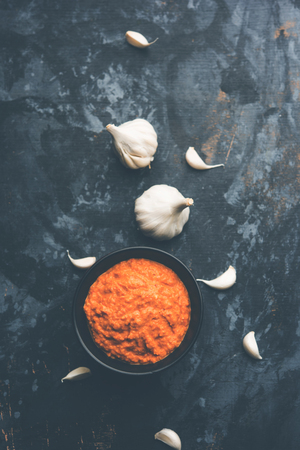 Garlic chutney, made using lahsun/lehsun originating from the India, served in a bowl over moody background. selective focusの写真素材