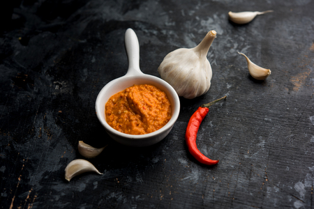 Garlic chutney, made using lahsun/lehsun originating from the India, served in a bowl over moody background. selective focusの写真素材