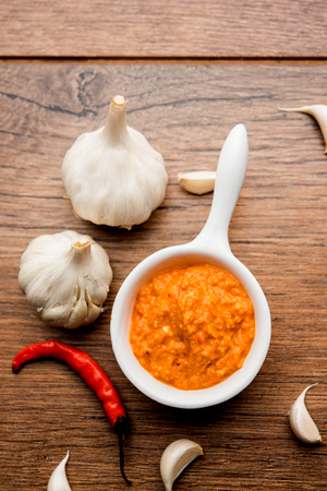 Garlic chutney, made using lahsun/lehsun originating from the India, served in a bowl over moody background. selective focusの写真素材