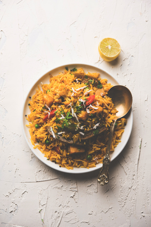 Masala Rice or masale bhat - is a spicy vegetable fried rice / biryani or Pulav usually made during wedding occassions in maharashtra, Indiaの写真素材