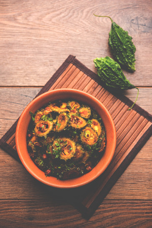 Delicious bitter melon curry, a healthy food from India. selective focusの写真素材