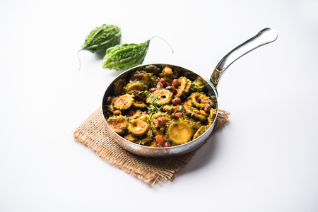 Delicious bitter melon curry, a healthy food from India. selective focusの写真素材