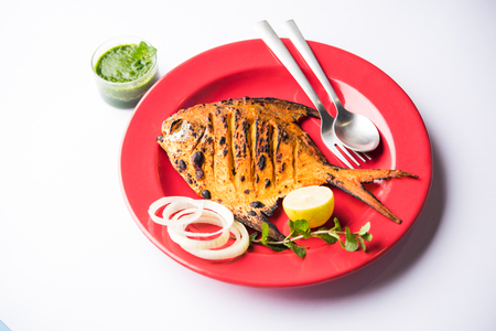 Tandoori Pomfret fish cooked in a clay oven and garnished with lemon , mint, cabbage and carrot salad. Selective focusの写真素材