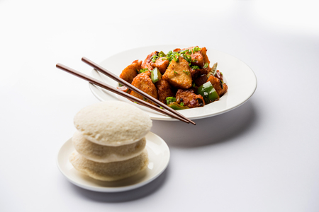 Schezwan Idli or manchurian Idly, tasty indo-chinese recipe. selective focusの写真素材