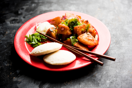Schezwan Idli or manchurian Idly, tasty indo-chinese recipe. selective focusの写真素材