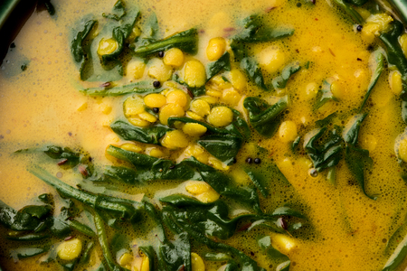 Dal Palak or Lentil spinach curry - popular Indian main course healthy recipe. served in a karahi/pan or bowl. selective focusの写真素材