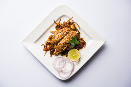 Brain / Bheja Fry of goat, sheep or lamb is a popular Indian or pakistani dish cooked on Bakra Eid(Eid-ul-zuha). served in karahi, pan or plate. selective focusの写真素材