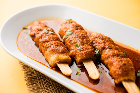 Baingan masala / Eggplant / brinjal curry served with chapati and rice, selective focusの写真素材
