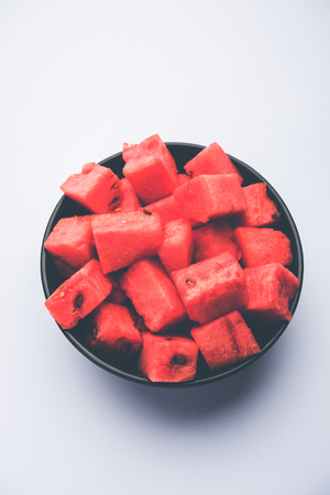 Watermelon / tarbooj fruit cube slices served in a bowl. selective focusの写真素材