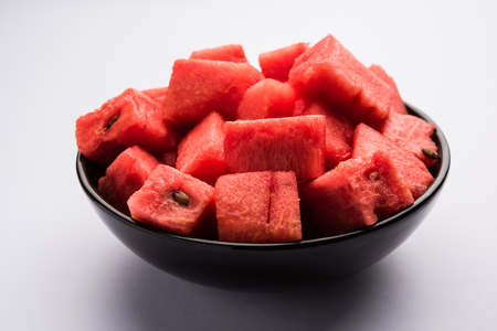 Watermelon / tarbooj fruit cube slices served in a bowl. selective focusの写真素材