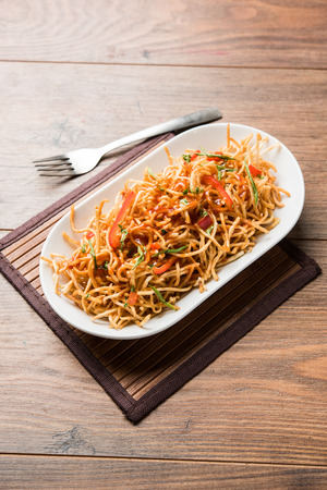 Chinese Bhel is a spicy indo-chinese recipe, served in a bowl. selective focusの写真素材