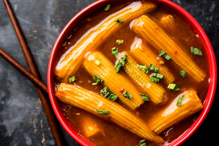 Baby Corn Manchurian with gravy - popular Indo-chinese recipe. selective focusの写真素材