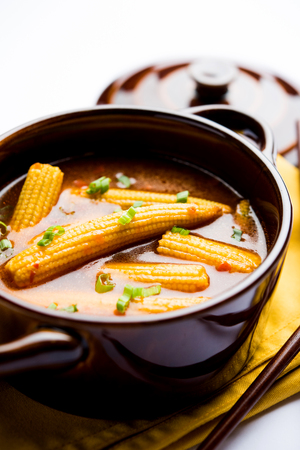 Baby Corn Manchurian with gravy - popular Indo-chinese recipe. selective focusの写真素材