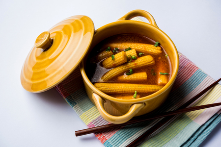 Baby Corn Manchurian with gravy - popular Indo-chinese recipe. selective focusの写真素材