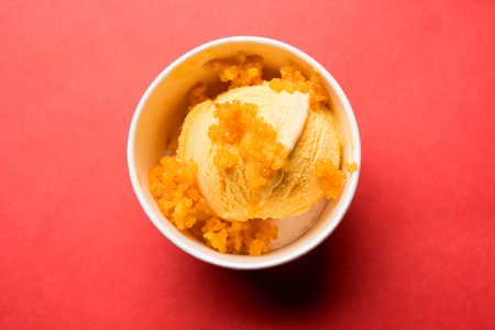 Bundi / Motichoor Ice cream is a fusion of Ice-cream with indian traditional sweet motichur laddoo from India, selective focusの写真素材