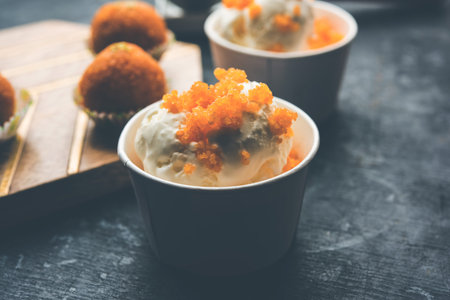 Bundi / Motichoor Ice cream is a fusion of Ice-cream with indian traditional sweet motichur laddoo from India, selective focusの写真素材