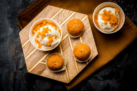 Bundi / Motichoor Ice cream is a fusion of Ice-cream with indian traditional sweet motichur laddoo from India, selective focusの写真素材