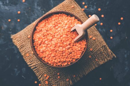 Red Lentil or Lal Masoor ki dal in a bowl, selective focusの写真素材