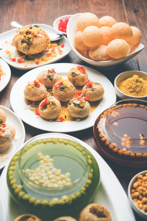 group of Bombay chat food includes golgappa/panipuri, bhel-puri, sev-poori, dahipuri, Ragda pattice,...
