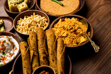 Group of Gujarati snacks like jalebi-fafda, thepla, khaman dhokla, aloo bhujiya, khandvi,khakra,...
