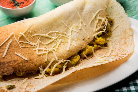 cheese masala dosa recipe with sambar and chutney, selective focus